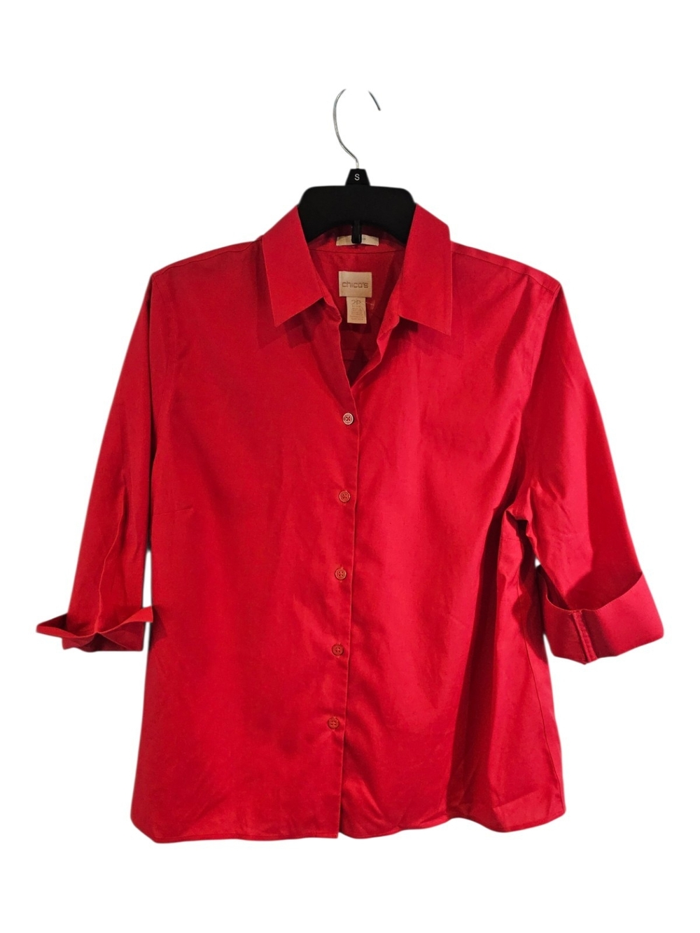 Chico's Size 2P / MP Dark Pink No Iron Button Up Collared Women's Top